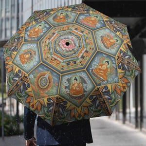 Buddhist Mandala Umbrella: Eightfold Path Lotus Design, Auto Open Close