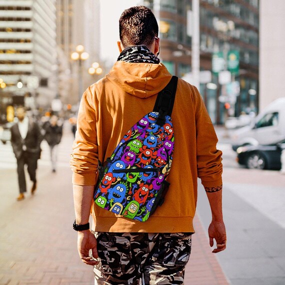 Colorful Monster Sling Backpack: Twill Crossbody Bag for Travel