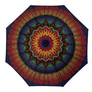 Dark Rainbow Mandala Umbrella | Made-to-Order Sublimation Print | Compact UV Windproof Travel Umbrella | Boho Festival Design