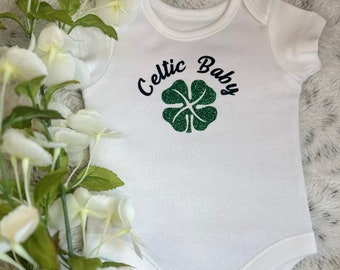 Celtic Baby Gift Set – Green Sparkly Clover Bodysuit, Bib & Beanie with FREE Delivery