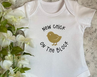 New Chick on the Block baby-grow, with optional matching bib and FREE Delivery