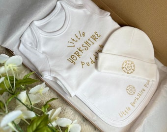 Yorkshire New Born Gift Set Baby Grow Bib Beanie Hat available as a set or separately for Baby Shower Christening Gift Size 0-3 months