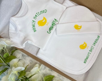 Norwich City Canaries Baby Gift Set – Baby Grow, Bib & Beanie with FREE Delivery
