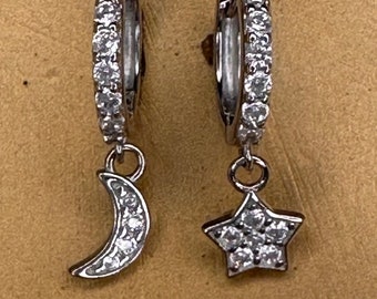 Sterling Silver Huggie Earrings: Cubic Zirconia Moon & Star Dangle with FREE Delivery