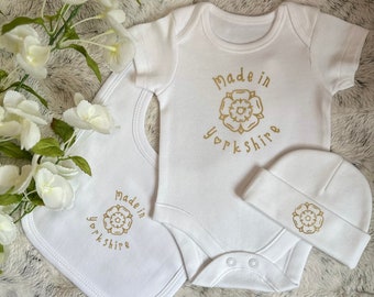 Made in Yorkshire Baby Gift, Bodysuit, Bib & Beanie Set with FREE Delivery