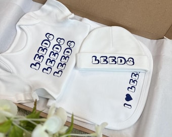 Leeds Baby Gift Set: Baby Grow, Bib & Beanie Hat with FREE Delivery