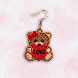 FSL Valentine's day Teddy earrings machine embroidery design FSL valentine earrings FSL valentines heart earrings embroidery design file image 1