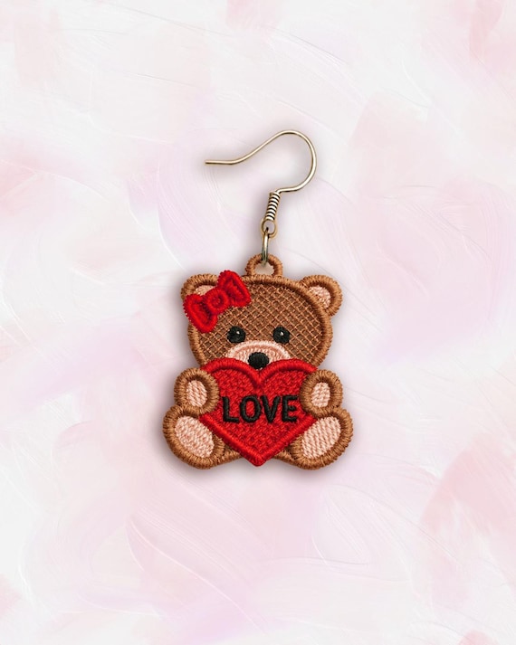FSL Valentine's day Teddy earrings machine embroidery design FSL valentine earrings FSL valentines heart earrings embroidery design file