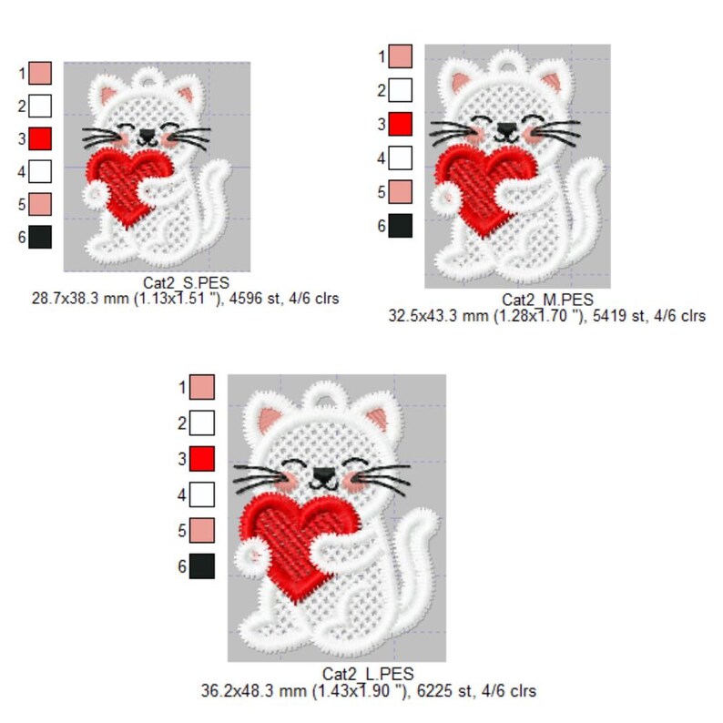 Op de afbeelding: Geborduurde witte kat met een rood hart. De kat heeft zwarte snorharen en een lachend gezicht. De afbeelding bevat drie verschillende maten: 28,7 x 38,3 mm, 32,5 x 43,3 mm en 36,2 x 48,3 mm. De tekst "Cat2" en "PES" zijn ook opgenomen.