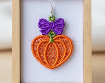 FSL fall heart shaped pumpkin with bow earrings machine embroidery design - FSL autumn harvest thanksgiving earrings embroidery design file