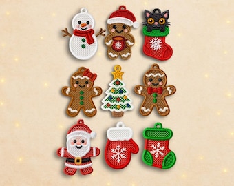 MEGA Set 9 pendientes navideños FSL diseño de bordado a máquina pendientes navideños FSL archivo de diseño de bordado a máquina de pendientes de invierno de año nuevo