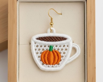 FSL pumpkin coffee earrings machine embroidery design - FSL autumn fall thanksgiving halloween earrings embroidery design file PES