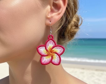 FSL plumeria earrings machine embroidery design - FSL summer spring earrings embroidery design file PES tropical flower vacation floral