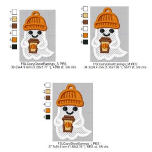 Puede incluir: Tres dise&ntilde;os bordados de fantasmas con gorros de punto naranja y tazas de caf&eacute;. Los dise&ntilde;os est&aacute;n etiquetados S, M y L, con medidas en mil&iacute;metros y pulgadas. Los fantasmas tienen caras sonrientes y son de estilo caricaturesco.