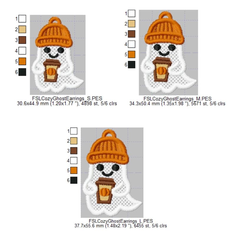 Puede incluir: Tres dise&ntilde;os bordados de fantasmas con gorros de punto naranja y tazas de caf&eacute;. Los dise&ntilde;os est&aacute;n etiquetados S, M y L, con medidas en mil&iacute;metros y pulgadas. Los fantasmas tienen caras sonrientes y son de estilo caricaturesco.