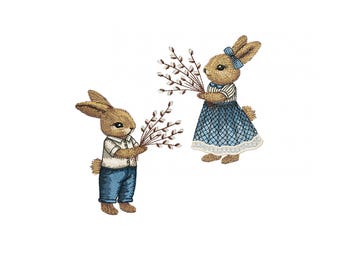 SET of 2 Vintage Easter bunny machine embroidery designs - 4 sizes, rabbit embroidery design, bunnies embroidery design, embroidery file