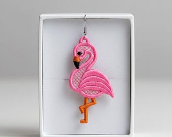 FSL flamingo earrings machine embroidery design - FSL summer spring earrings embroidery design file PES tropical bird vacation beach seaside