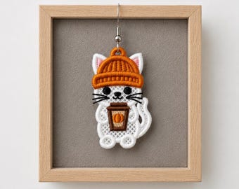FSL pumpkin spice latte fall cat earrings machine embroidery design - FSL autumn fall thanksgiving halloween earrings embroidery design file