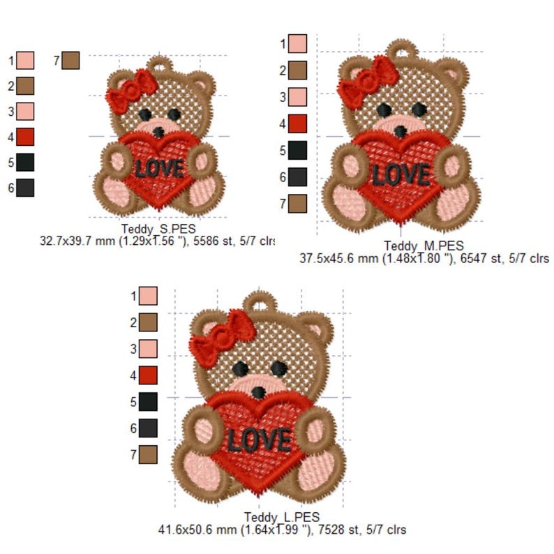 May include: Embroidered teddy bear designs with a red heart that says "LOVE". The bears have a bow and are in different sizes: 1.29x1.56 inches, 1.48x1.80 inches, and 1.64x1.99 inches. The color palette includes brown, red, and pink.