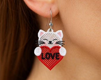 FSL Valentine's day cat earrings machine embroidery design FSL valentine earrings FSL valentines heart earrings embroidery design file