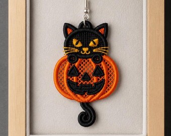 FSL Halloween cat pumpkin earrings machine embroidery design FSL spooky cat earrings FSL fall autumn machine embroidery design file pes dst