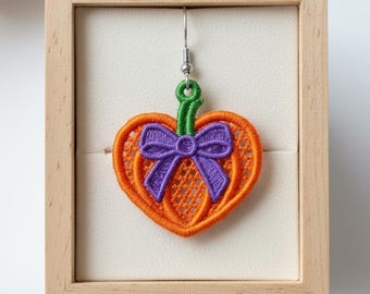 FSL fall heart shaped pumpkin with bow earrings machine embroidery design - FSL autumn harvest thanksgiving earrings embroidery design file