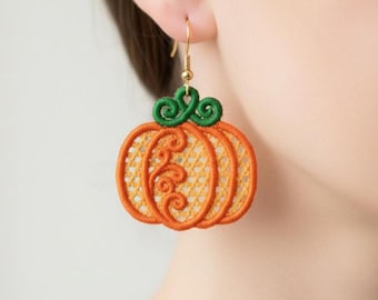 FSL fall pumpkin earrings machine embroidery design - FSL autumn harvest thanksgiving earrings embroidery design file PES instant download
