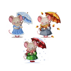 May include: Three illustrations of mice, each holding an umbrella. One mouse wears a blue dress and holds a blue umbrella. Another mouse wears a scarf and holds a yellow umbrella. The third mouse wears a green coat and holds a red umbrella.