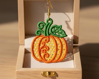 FSL fall pumpkin earrings machine embroidery design - FSL autumn harvest thanksgiving earrings embroidery design file PES instant download