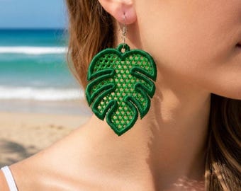 FSL monstera leaf earrings machine embroidery design - FSL summer spring earrings embroidery design file PES vacation beach tropical flower