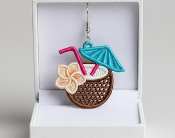 FSL coconut cocktail drink earrings machine embroidery design - FSL summer spring earrings embroidery design file PES beach sea vacation