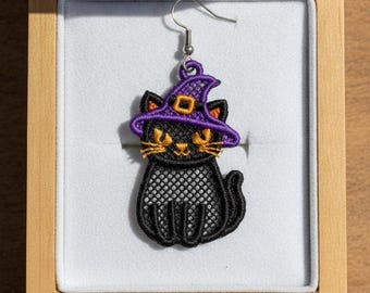 FSL Halloween witch wizard black cat earrings machine embroidery design - FSL autumn fall halloween earrings embroidery design file