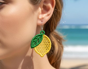 FSL lemon earrings machine embroidery design - FSL summer spring earrings embroidery design file PES flower garden fruit vacation tropical