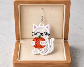 FSL cozy fall pumpkin cat earrings machine embroidery design - FSL autumn fall thanksgiving halloween kitty earrings embroidery design file
