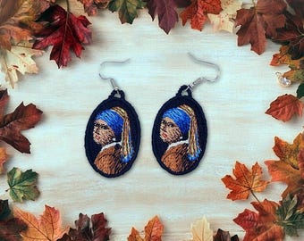 FSL Girl With A Pearl Earring Vermeer earrings and pendant machine embroidery design - Free Standing Lace Earrings