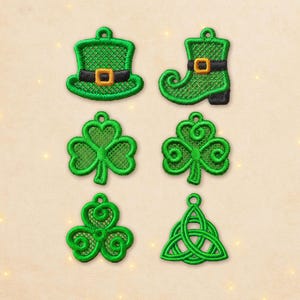 May include: Embroidered green St. Patrick's Day themed ornaments. The collection includes a leprechaun hat, a boot, three-leaf clovers, and a Celtic knot. Each ornament has a loop for hanging and features gold and black accents.