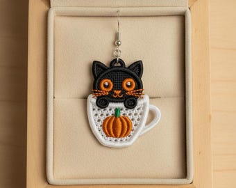 FSL fall cat earrings machine embroidery design FSL pumpkin spice latte cat earrings FSL fall autumn machine embroidery design file pes dst