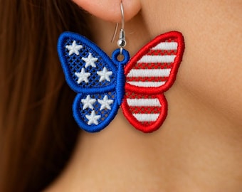 FSL 4th of July Independence Day USA US Flag America American bow shaped Earrings machine embroidery design file memorial day July 4