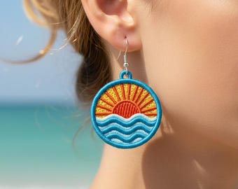 FSL sunset earrings machine embroidery design FSL summer spring earrings embroidery design file  PES beach seaside vacation sun seaside wave