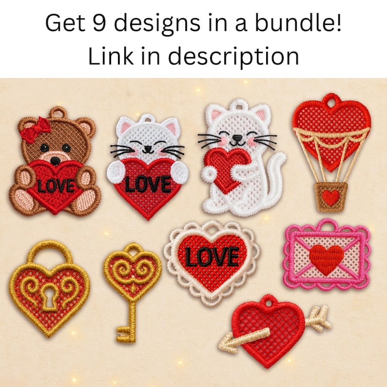 Op de afbeelding: Negen geborduurde ontwerpen met Valentijnsdagthema's. Inclusief een teddybeer, katten, een luchtballon, een slot, een sleutel, een hart met kant, een envelop en een hart doorboord met een pijl. De tekst bovenaan luidt "Ontvang 9 ontwerpen in een bundel! Link in beschrijving."