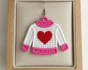 FSL Valentine's Day sweater earrings machine embroidery design - FSL Valentine valentines love heart earrings embroidery design file PES dst
