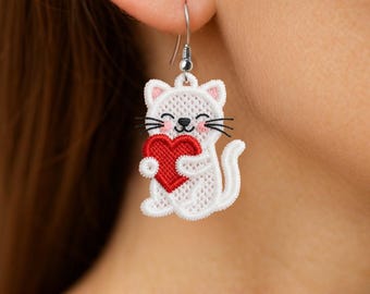 FSL Valentine's day cat earrings machine embroidery design FSL valentine earrings FSL valentines heart earrings embroidery design file