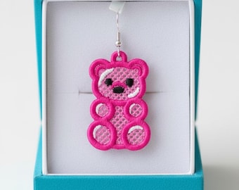 FSL gummy bear earrings machine embroidery design - FSL teddy bear sweet earrings embroidery design file - Free Standing Lace Earrings PES