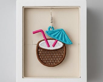 FSL coconut cocktail drink earrings machine embroidery design - FSL summer spring earrings embroidery design file PES beach sea vacation