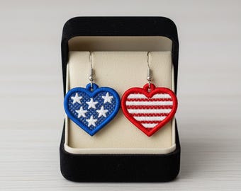 FSL 4th of July Independence Day USA US Flag America American heart shaped Earrings machine embroidery design file memorial day July 4