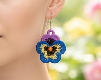 FSL pansy earrings machine embroidery design - FSL summer spring earrings embroidery design file PES flower flowers free standing lace