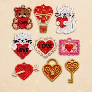 MEGA Set 9 FSL Valentines day earrings. Machine Embroidery Designs. Valentine's Day Lace Earrings. 4x4 Hoop. Instant Download. PES and Other