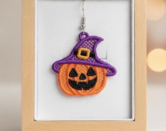 FSL Halloween Witch Hat Jack-O-Lantern earrings machine embroidery design FSL pumpkin earrings fall autumn machine embroidery design file