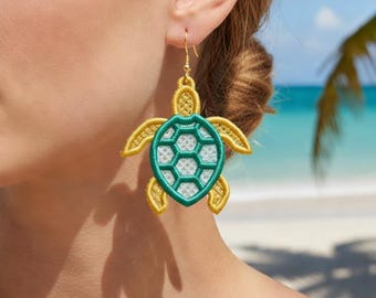 FSL sea turtle earrings machine embroidery design - FSL summer spring earrings embroidery design file PES beach seaside vacation