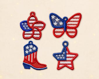 SET of 4 FSL 4th of July Independence Day USA us Flag America American Earrings machine embroidery design file memorial day July 4